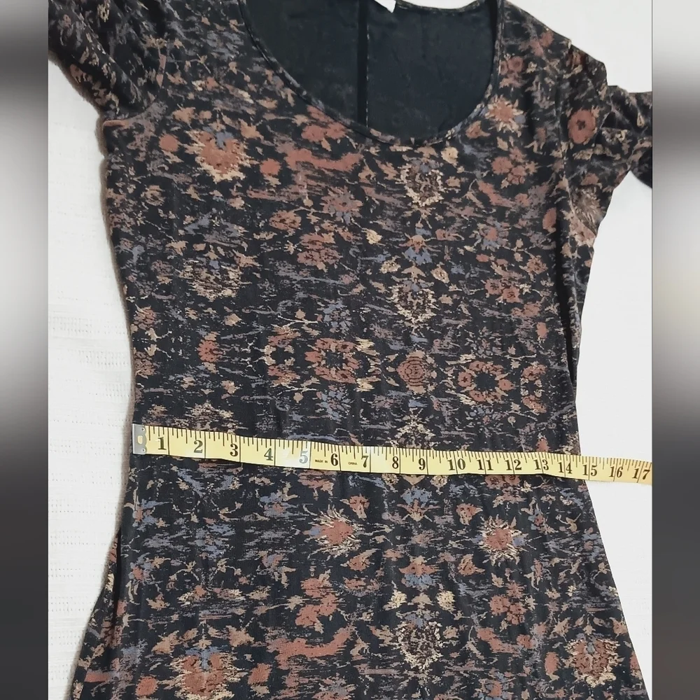 PeruvianConnection Dynasty Floral Black Jersey Scoop Neck Long Sleeves Midi Sz S